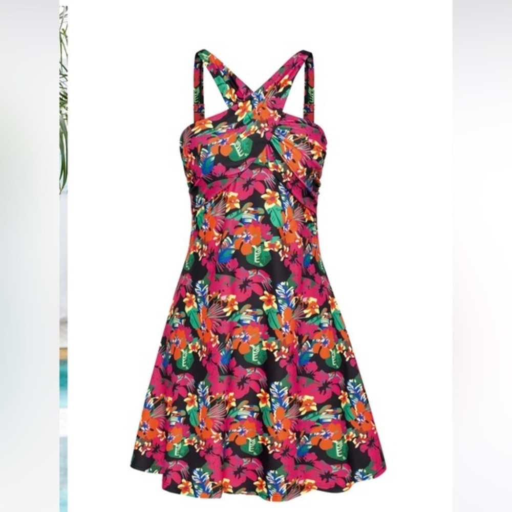 KATE KASIN  Women's tropical floral Halter neck Padded Swim Dress size small
